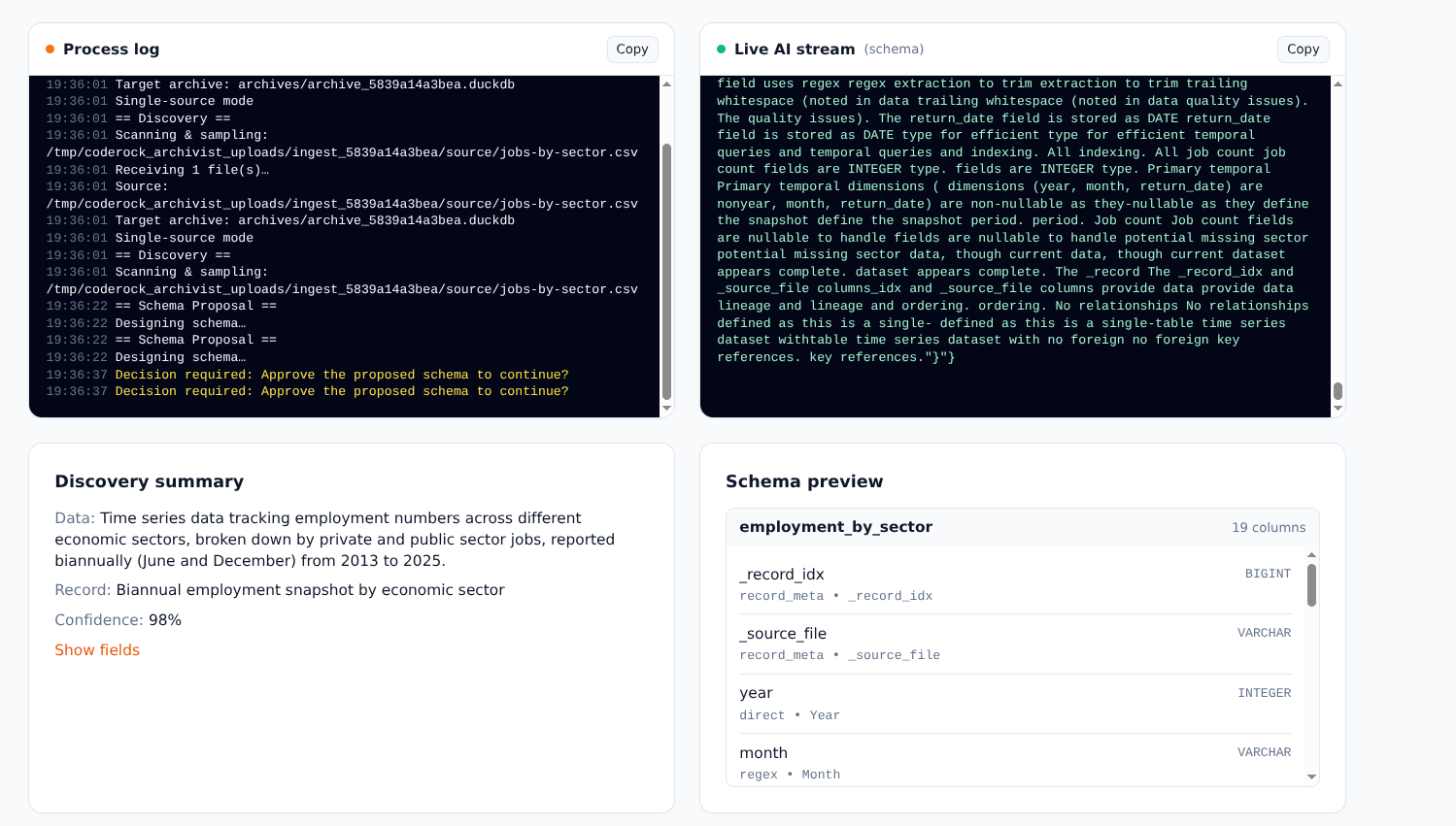 AI schema proposal and approval interface